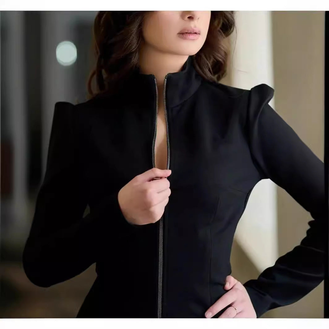 Fashion Office Long Sleeve Stand-up Collar Slim Fit Dress