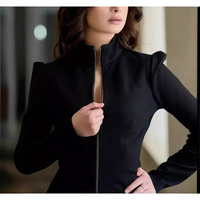 Fashion Office Long Sleeve Stand-up Collar Slim Fit Dress