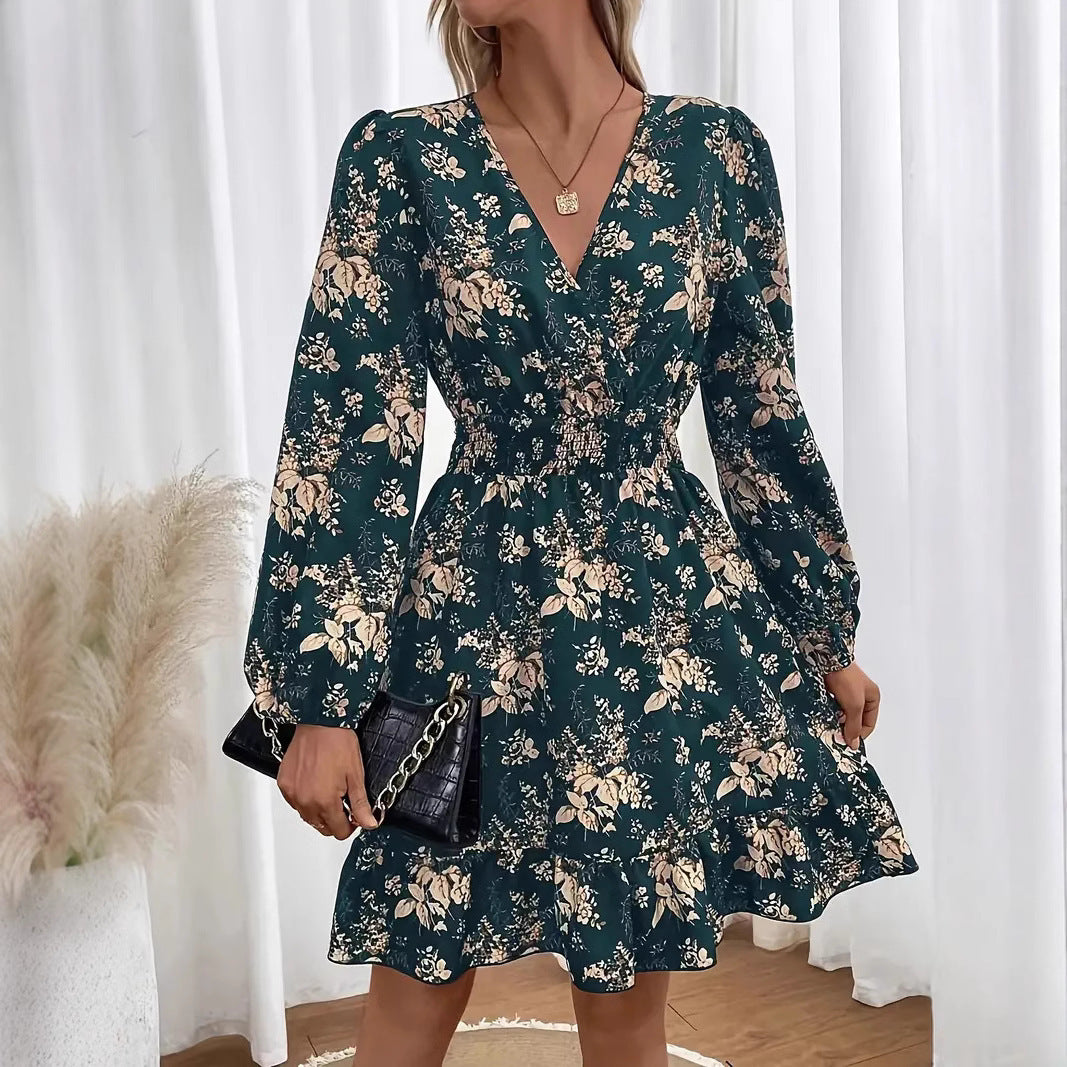 V-neck Floral Print Long Sleeve Dress