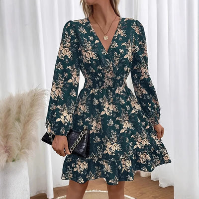 V-neck Floral Print Long Sleeve Dress