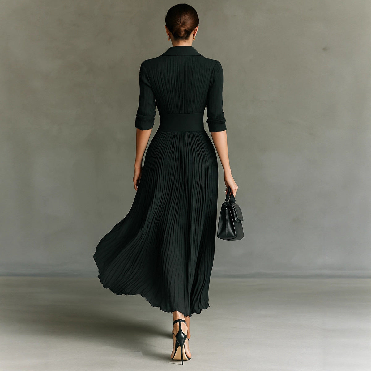 Solid Color Pleated Waist Tight Elegant Dress For Women