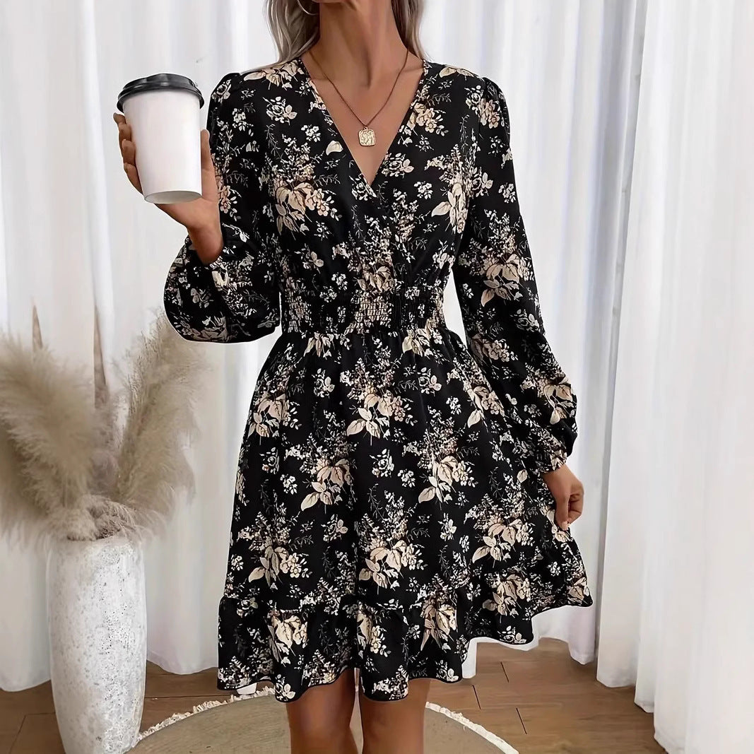 V-neck Floral Print Long Sleeve Dress