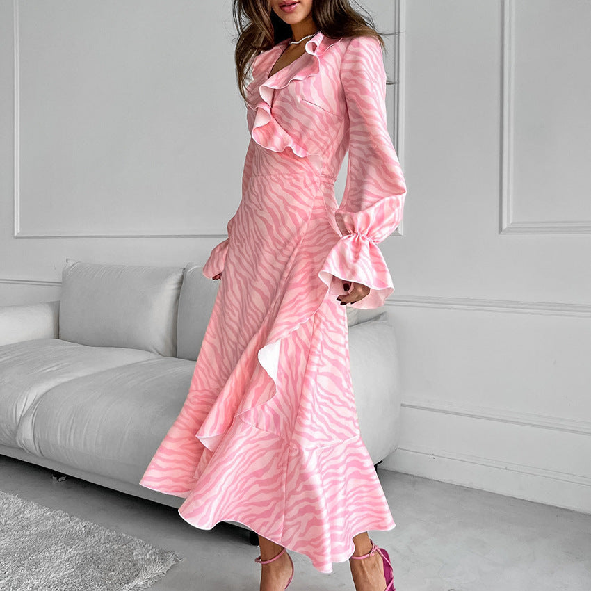 Elegant Ruffled V-neck Flared Sleeves Fishtail Dress