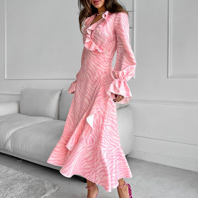 Elegant Ruffled V-neck Flared Sleeves Fishtail Dress