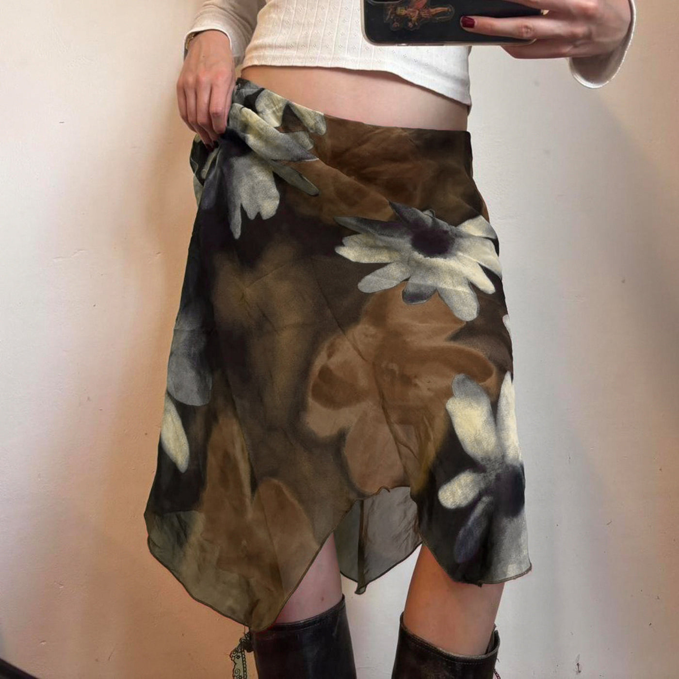 American Retro Floral Printed Mesh Stitching Asymmetric Skirt