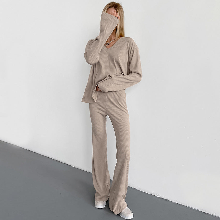 European And American Autumn And Winter New Sunken Stripe V-neck Slim-fit Long Sleeve Trousers Suit