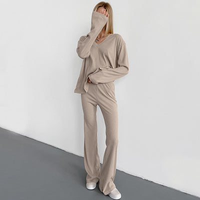 European And American Autumn And Winter New Sunken Stripe V-neck Slim-fit Long Sleeve Trousers Suit