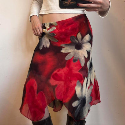 American Retro Floral Printed Mesh Stitching Asymmetric Skirt