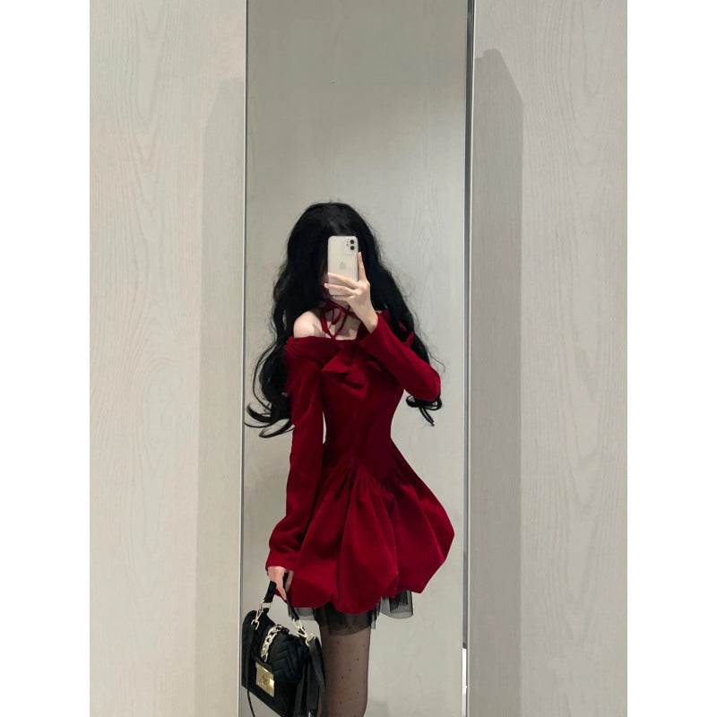 Classic Style Red Halter Velvet Dress
