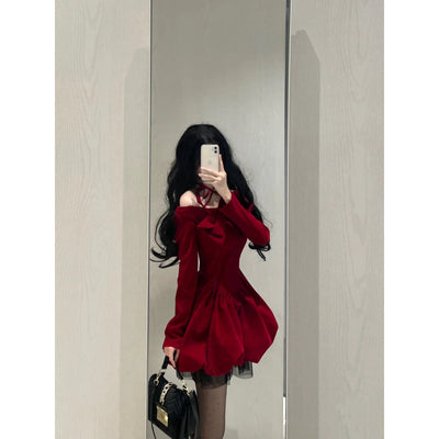 Classic Style Red Halter Velvet Dress