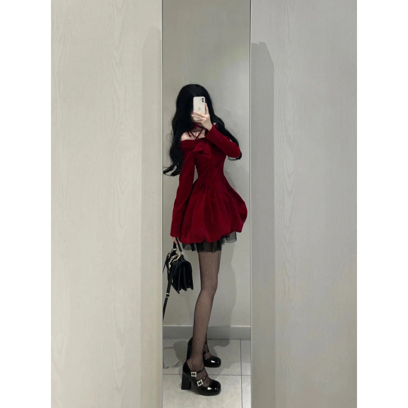 Classic Style Red Halter Velvet Dress