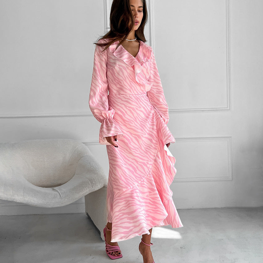 Elegant Ruffled V-neck Flared Sleeves Fishtail Dress