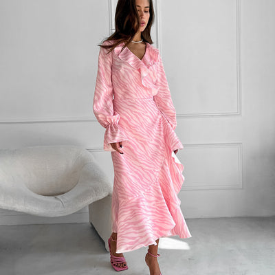 Elegant Ruffled V-neck Flared Sleeves Fishtail Dress