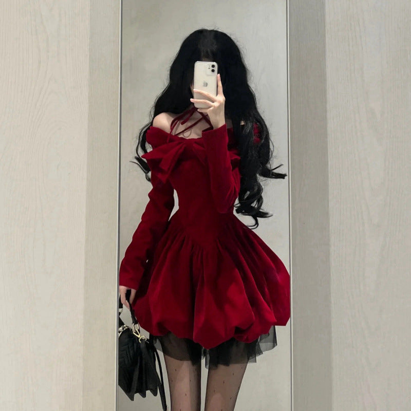 Classic Style Red Halter Velvet Dress