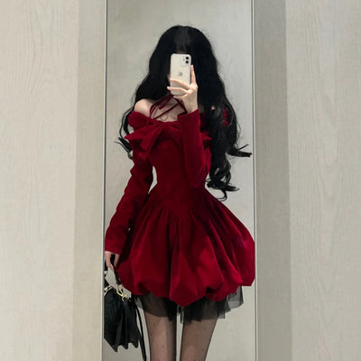 Classic Style Red Halter Velvet Dress