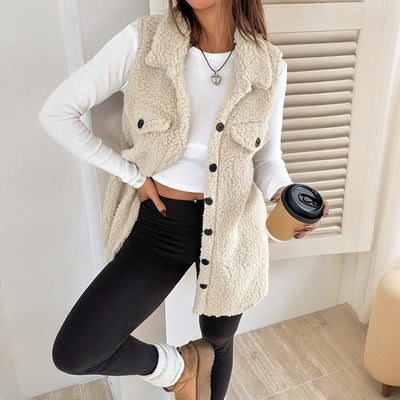 Women's Wool-Like Sleeveless Vest With Lapel, Solid Color Mid-Length Button Up Waistcoat For Layering, Casual & Formal Outfits