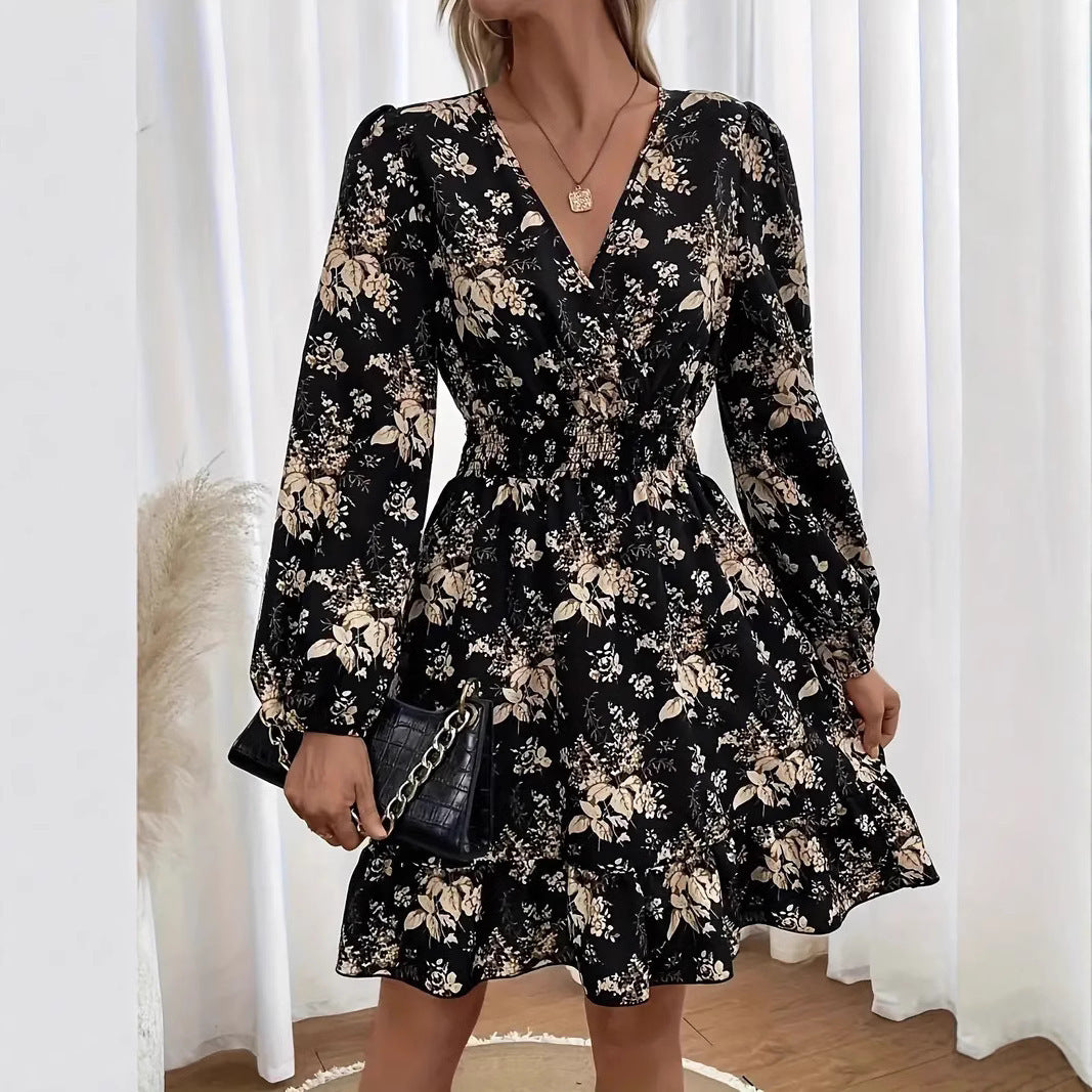V-neck Floral Print Long Sleeve Dress