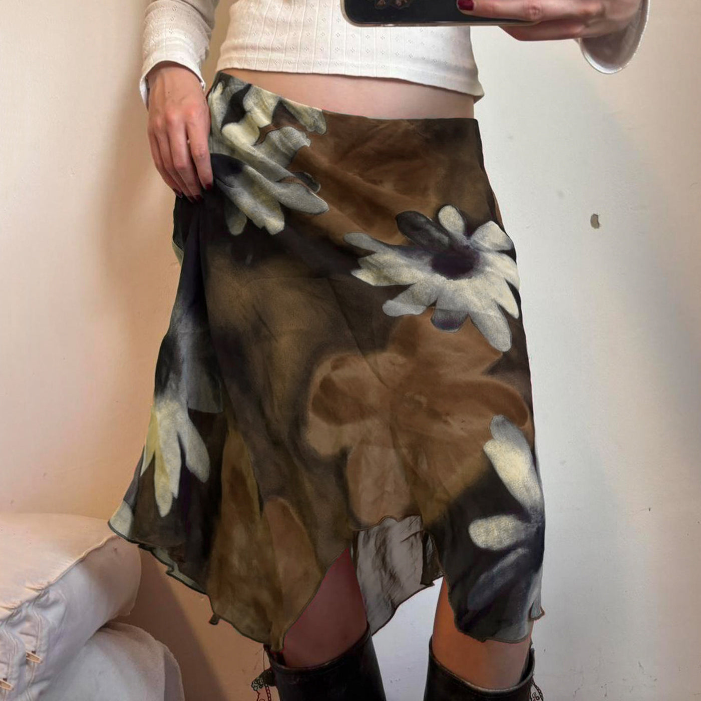 American Retro Floral Printed Mesh Stitching Asymmetric Skirt