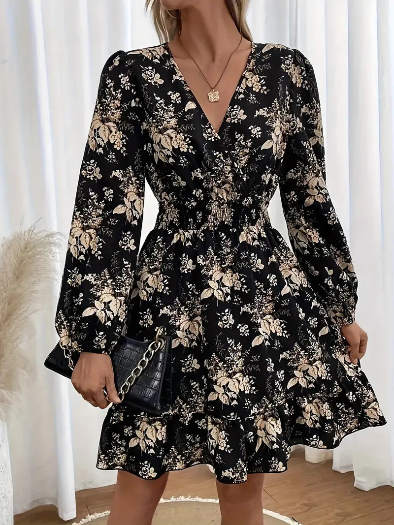 V-neck Floral Print Long Sleeve Dress