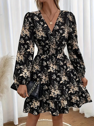 V-neck Floral Print Long Sleeve Dress