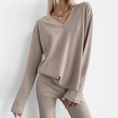 European And American Autumn And Winter New Sunken Stripe V-neck Slim-fit Long Sleeve Trousers Suit