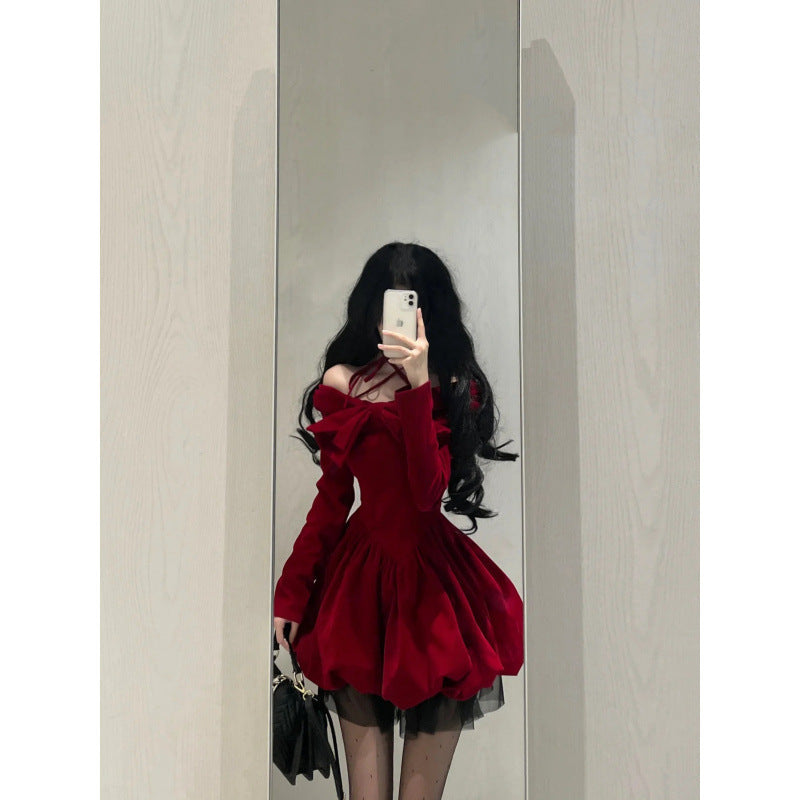 Classic Style Red Halter Velvet Dress