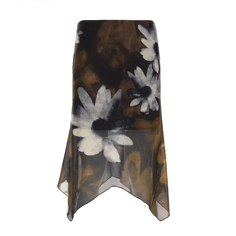 American Retro Floral Printed Mesh Stitching Asymmetric Skirt