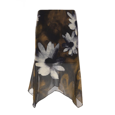 American Retro Floral Printed Mesh Stitching Asymmetric Skirt
