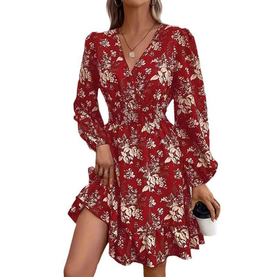 V-neck Floral Print Long Sleeve Dress