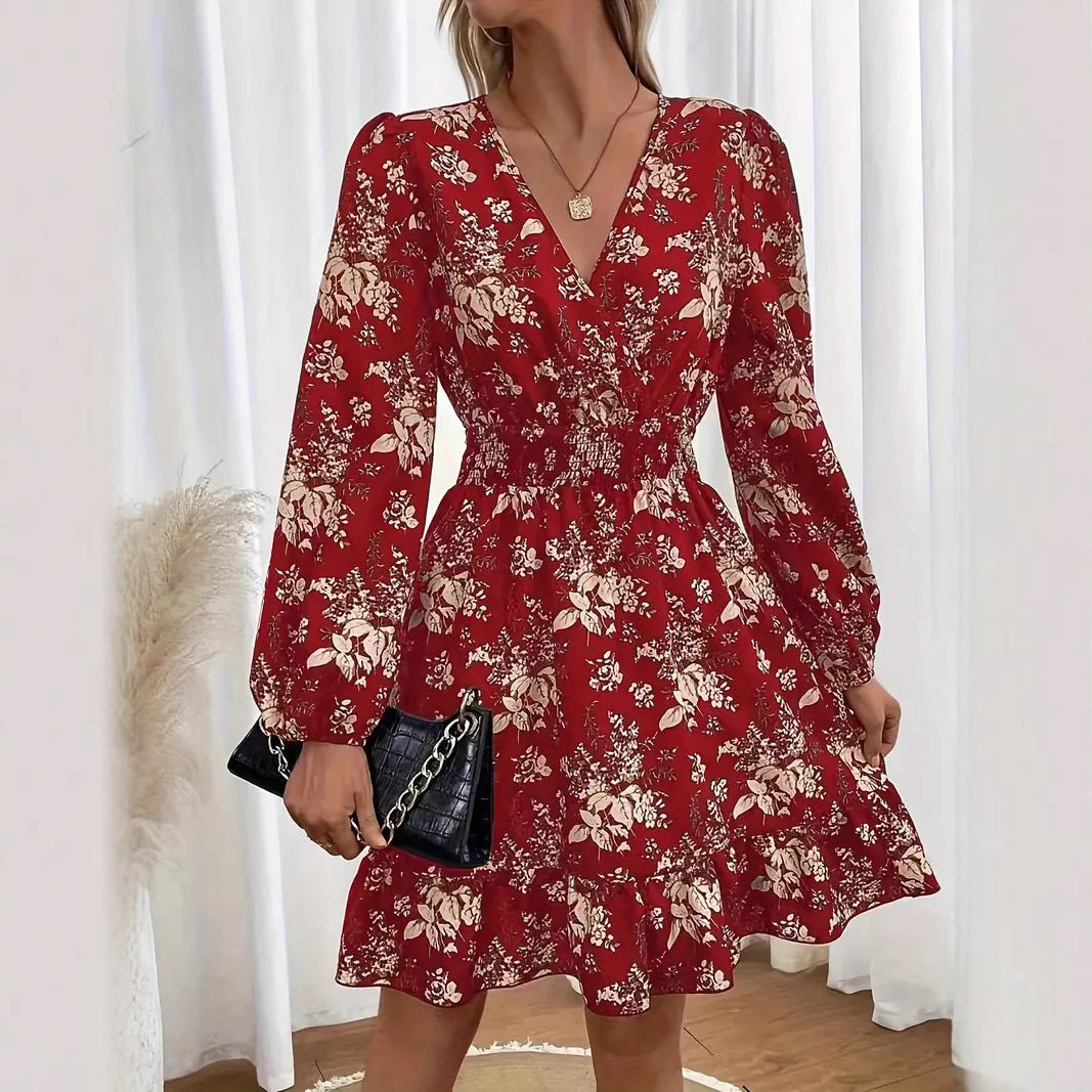 V-neck Floral Print Long Sleeve Dress