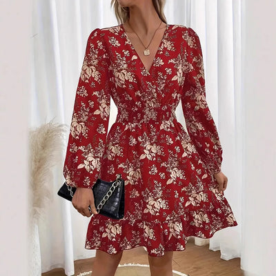 V-neck Floral Print Long Sleeve Dress