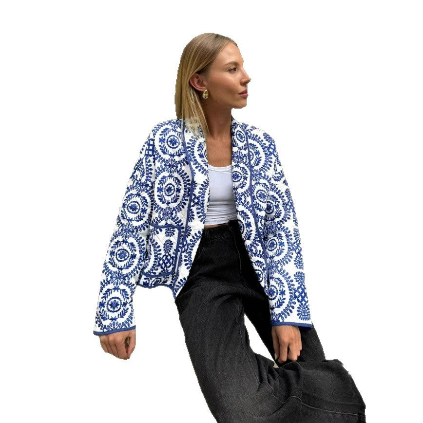 Women's Autumn And Winter Blue Fashionable Cotton Coat