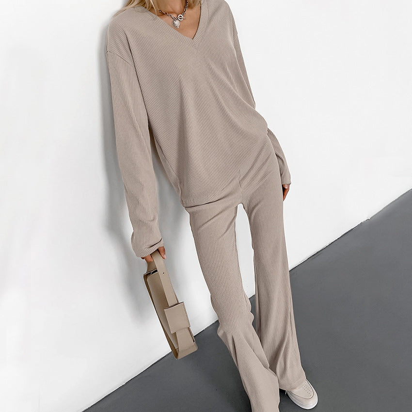 European And American Autumn And Winter New Sunken Stripe V-neck Slim-fit Long Sleeve Trousers Suit