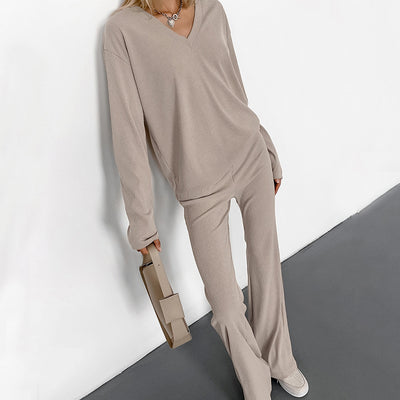 European And American Autumn And Winter New Sunken Stripe V-neck Slim-fit Long Sleeve Trousers Suit