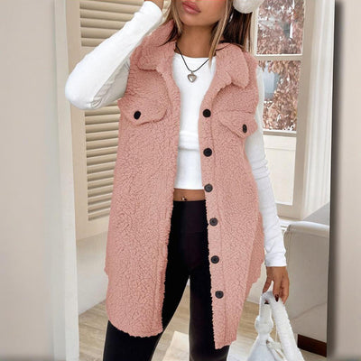 Women's Wool-Like Sleeveless Vest With Lapel, Solid Color Mid-Length Button Up Waistcoat For Layering, Casual & Formal Outfits