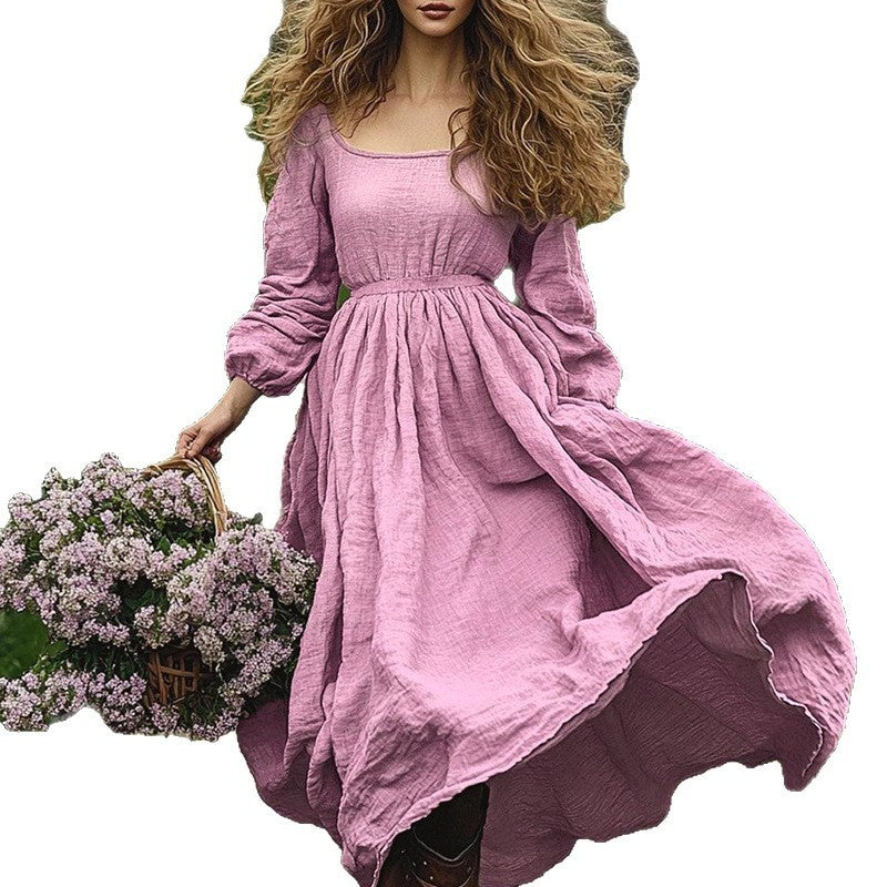 Women's Off-neck Retro Solid Color Long Sleeve Big Hem Dress