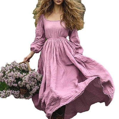 Women's Off-neck Retro Solid Color Long Sleeve Big Hem Dress