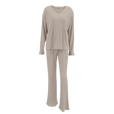 European And American Autumn And Winter New Sunken Stripe V-neck Slim-fit Long Sleeve Trousers Suit