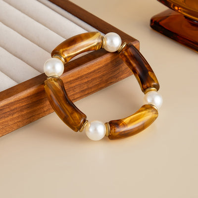 Vintage Beaded Amber Blooming Resin Wide Bracelet