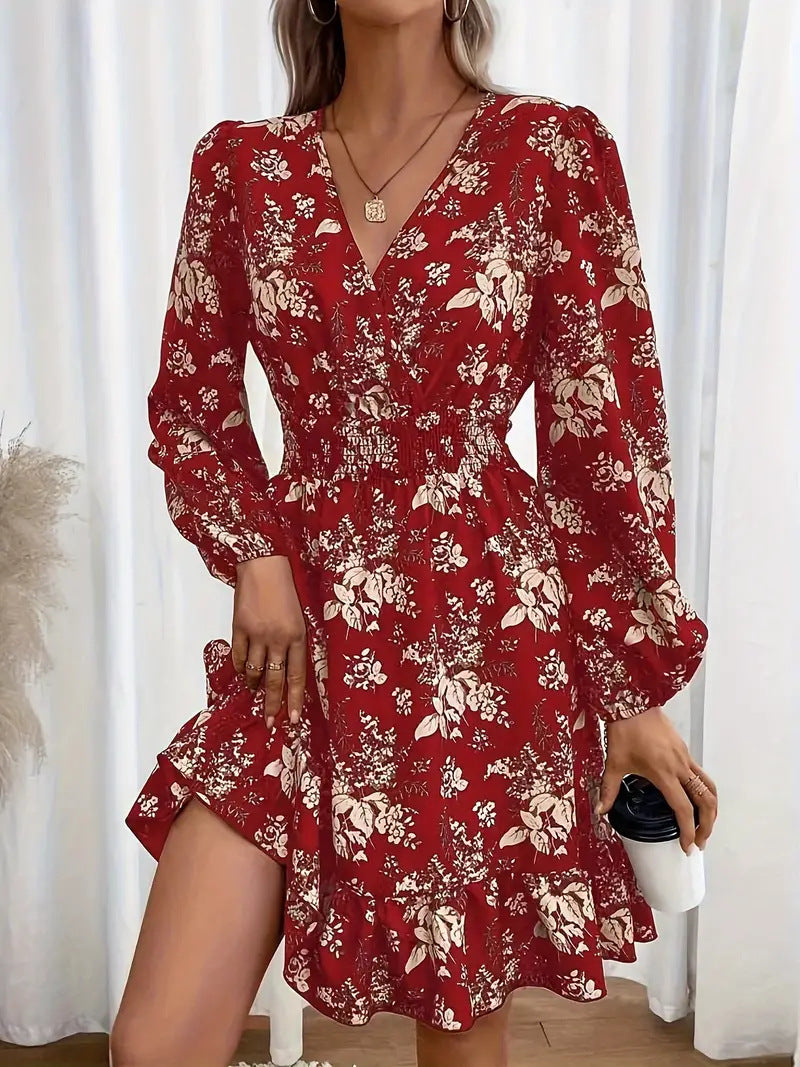 V-neck Floral Print Long Sleeve Dress
