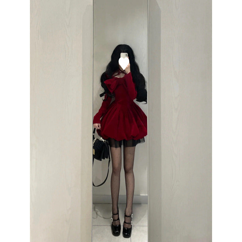 Classic Style Red Halter Velvet Dress