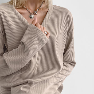 European And American Autumn And Winter New Sunken Stripe V-neck Slim-fit Long Sleeve Trousers Suit