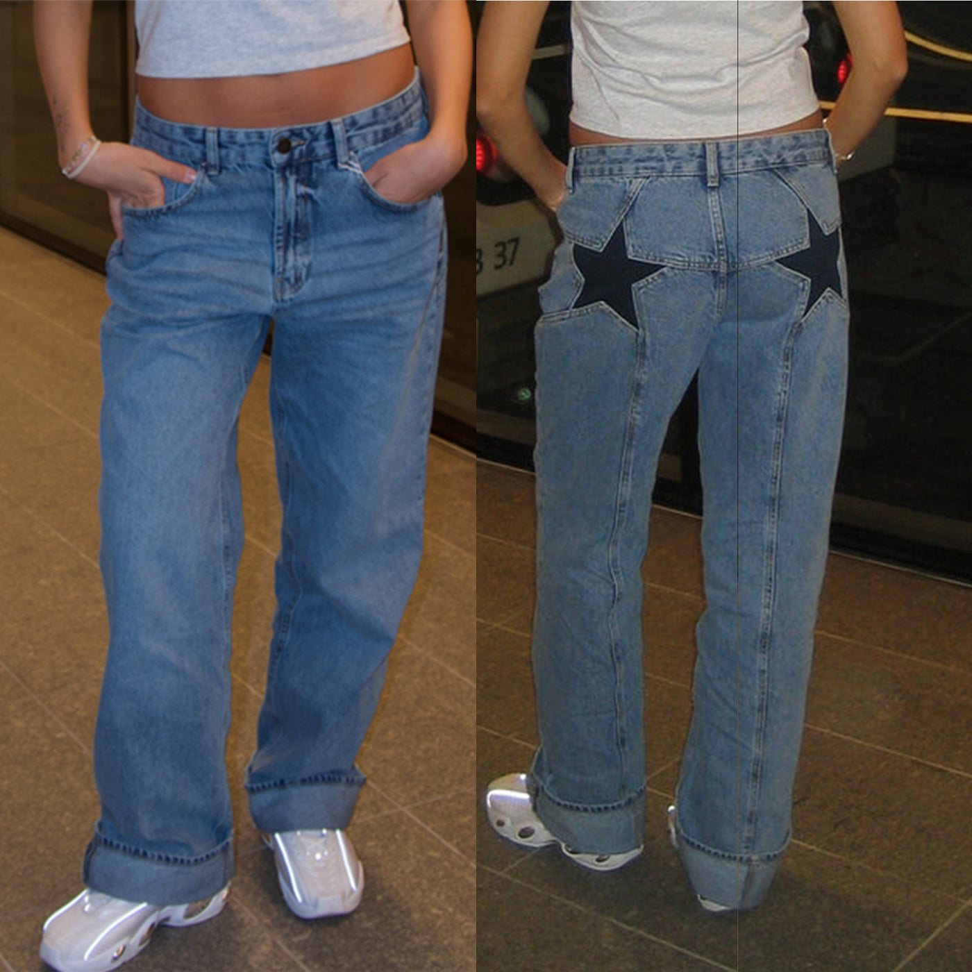 Jeans Color Contrast Patchwork Casual